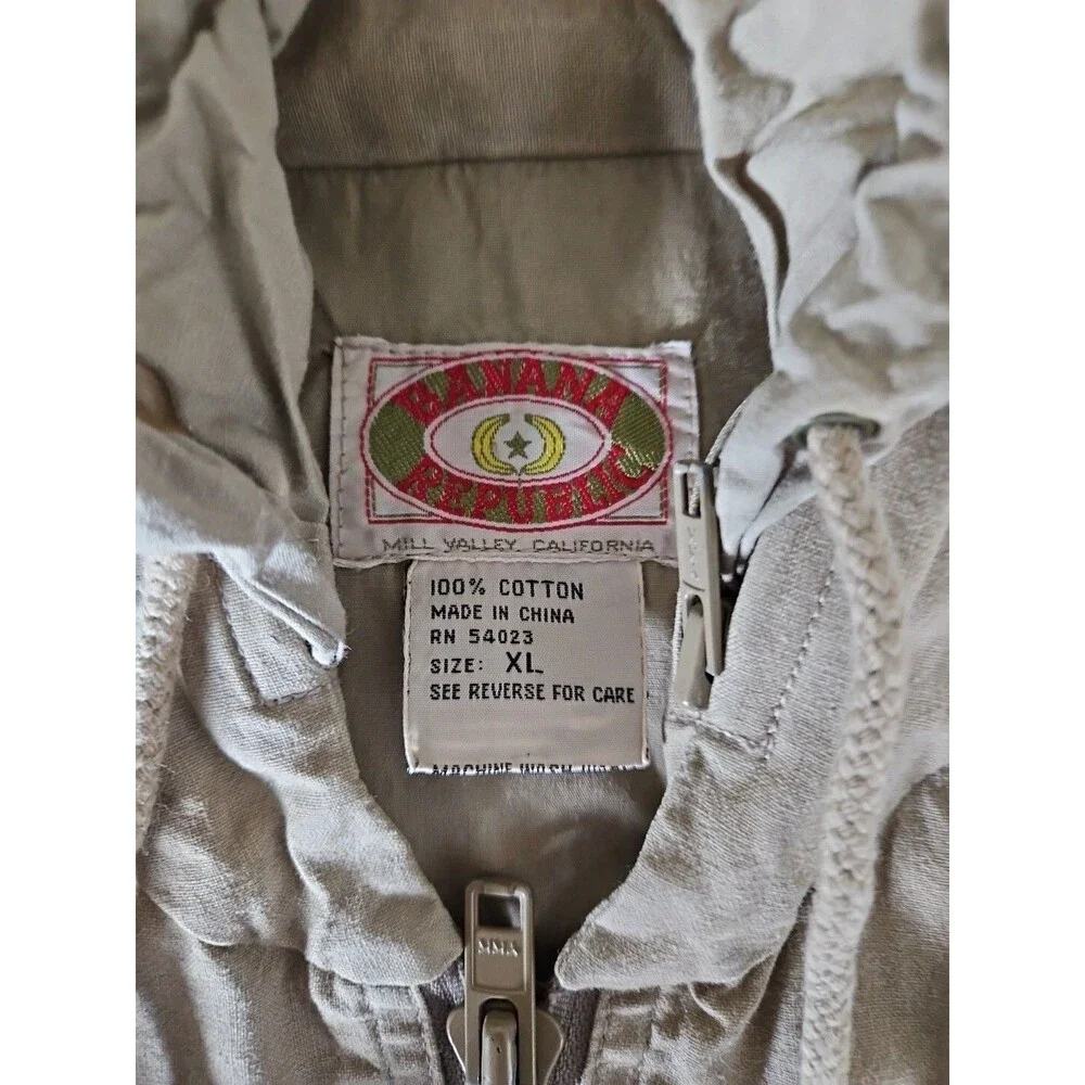 VTG BANANA REPUBLIC Men's Safari Vest XL Beige Full Zip Hooded Cargo Pockets